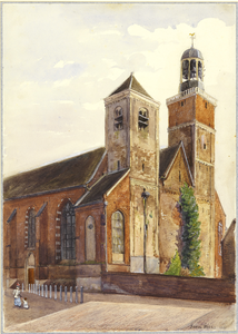 31660 Gezicht op de westgevel en een gedeelte van de noordgevel van de Nicolaikerk te Utrecht uit het noordwesten.